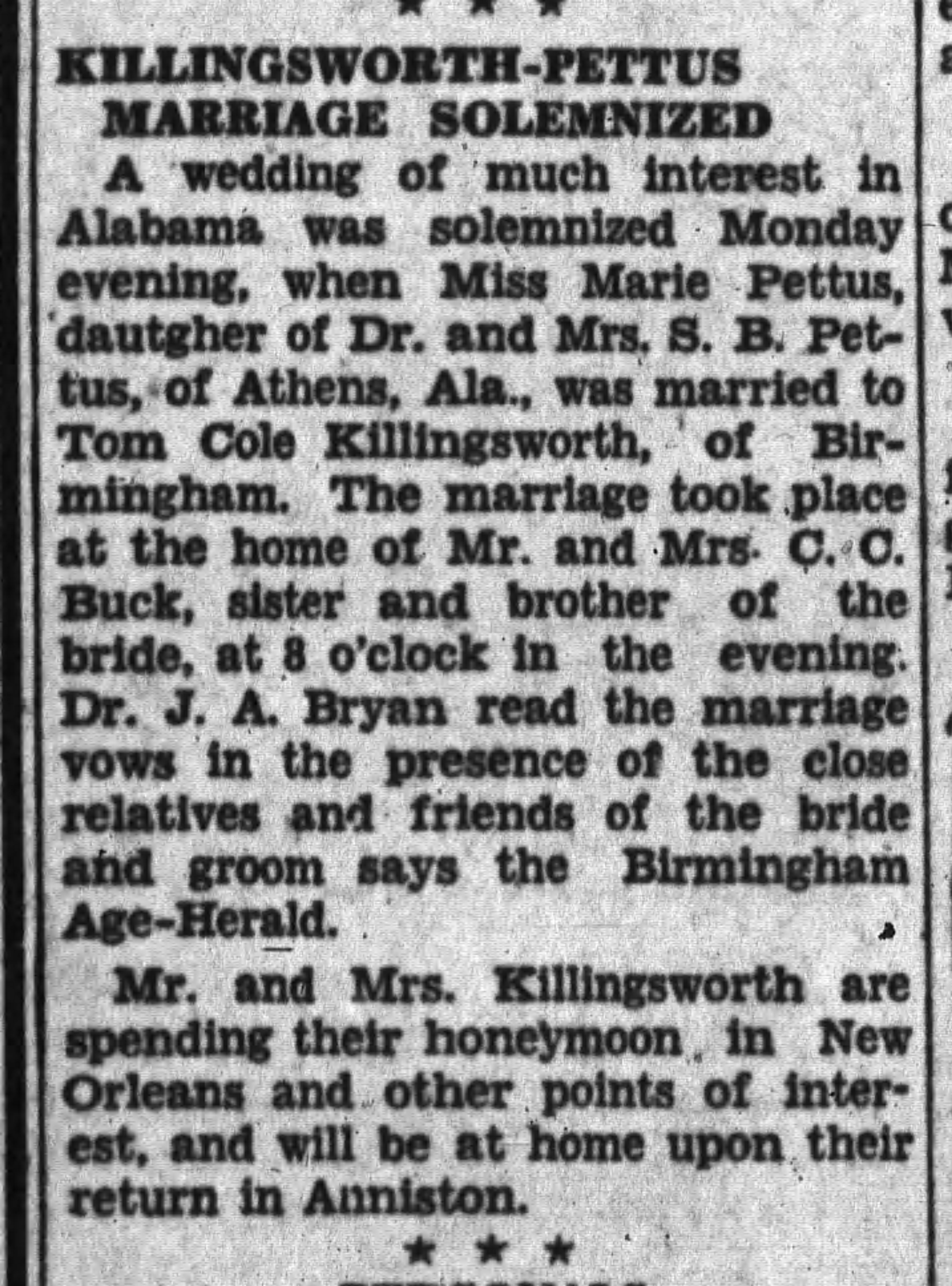 Killingsworth-Pettus Marriage Solemnized